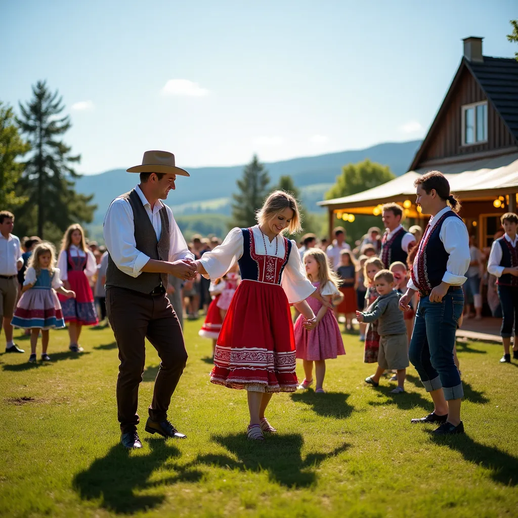 Dancers in colorful traditional Slovak costumes performing at a festival